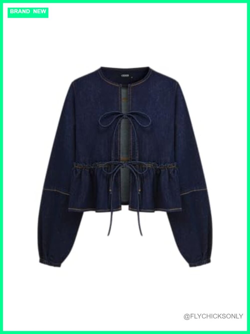 CIDER Cropped Denim Jacket Long Sleeve Peplum Y2K Tie Front Cotton Poly